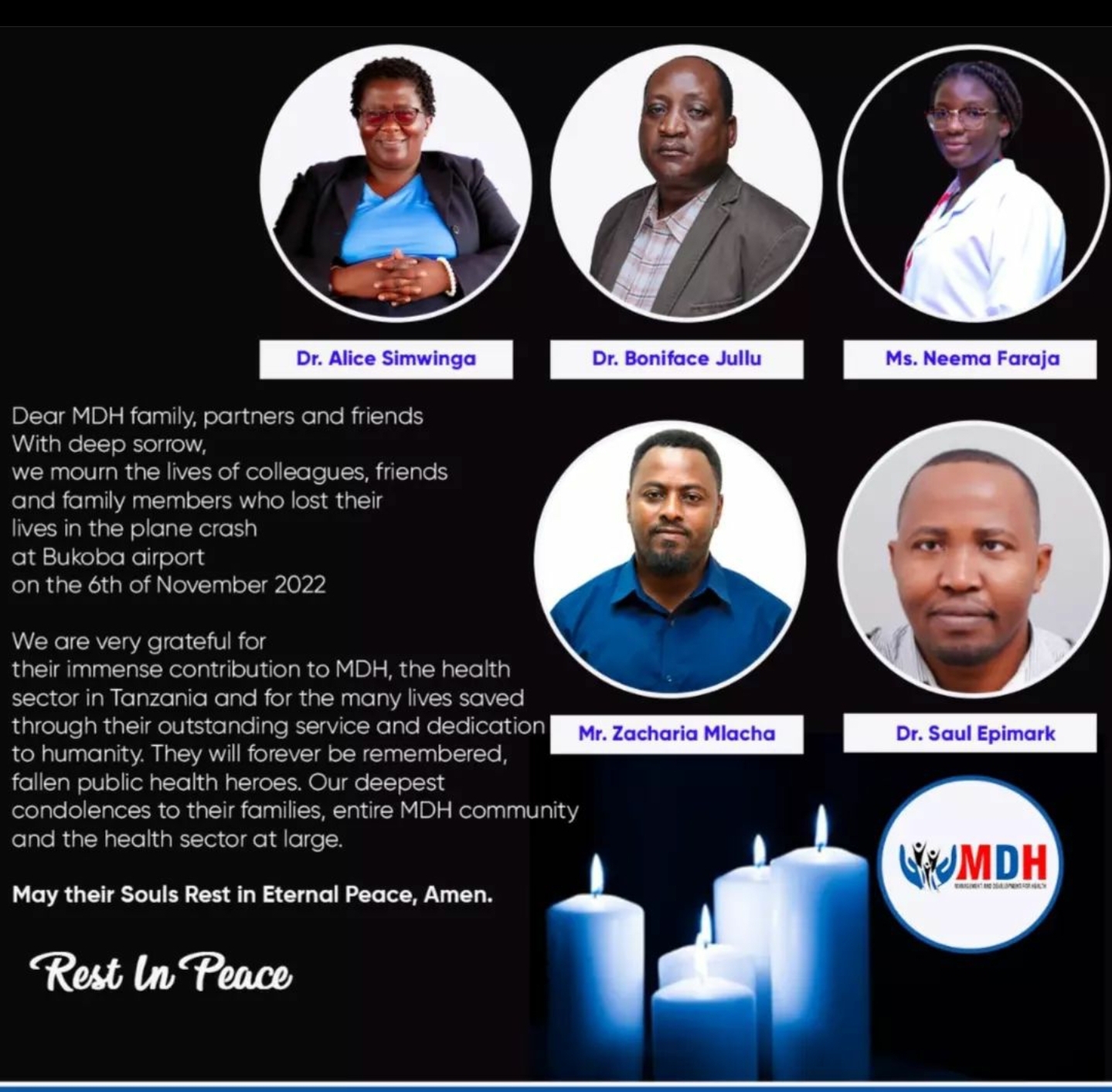 Read more about the article MDH Colleagues who lost their lives in a plane crash at Bukoba airport on 6th November 2022